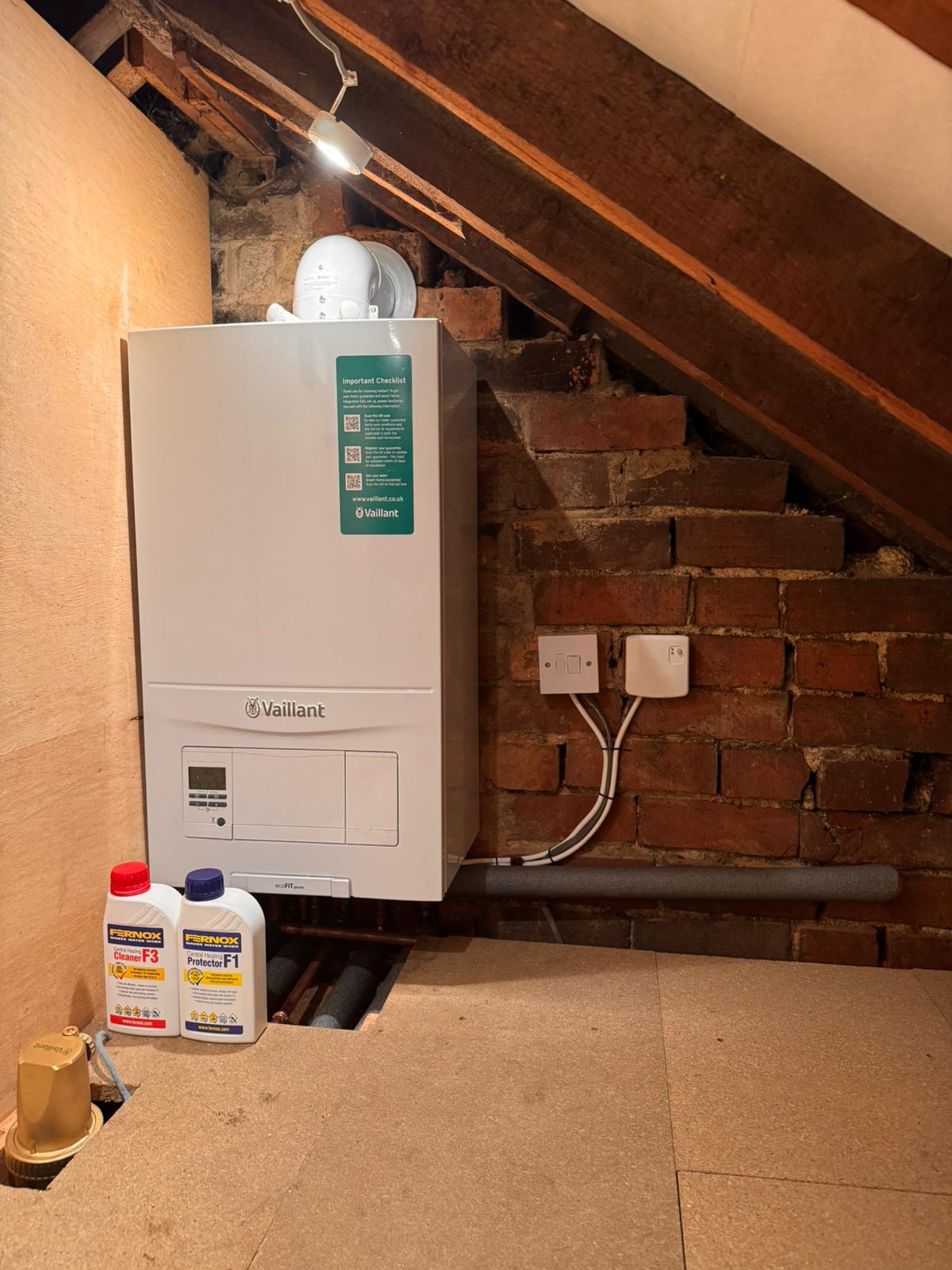 Vaillant boiler installation in a Bedfordshire loft.